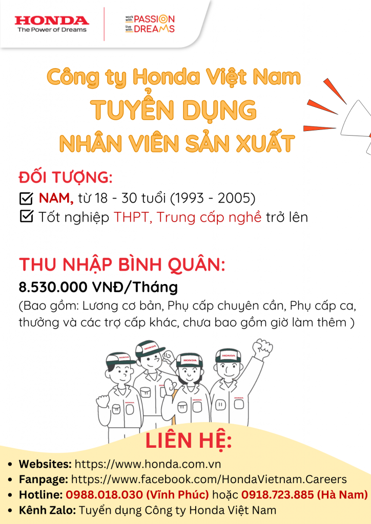 Honda Việt Nam tuyển dụng nhân viên sản xuất