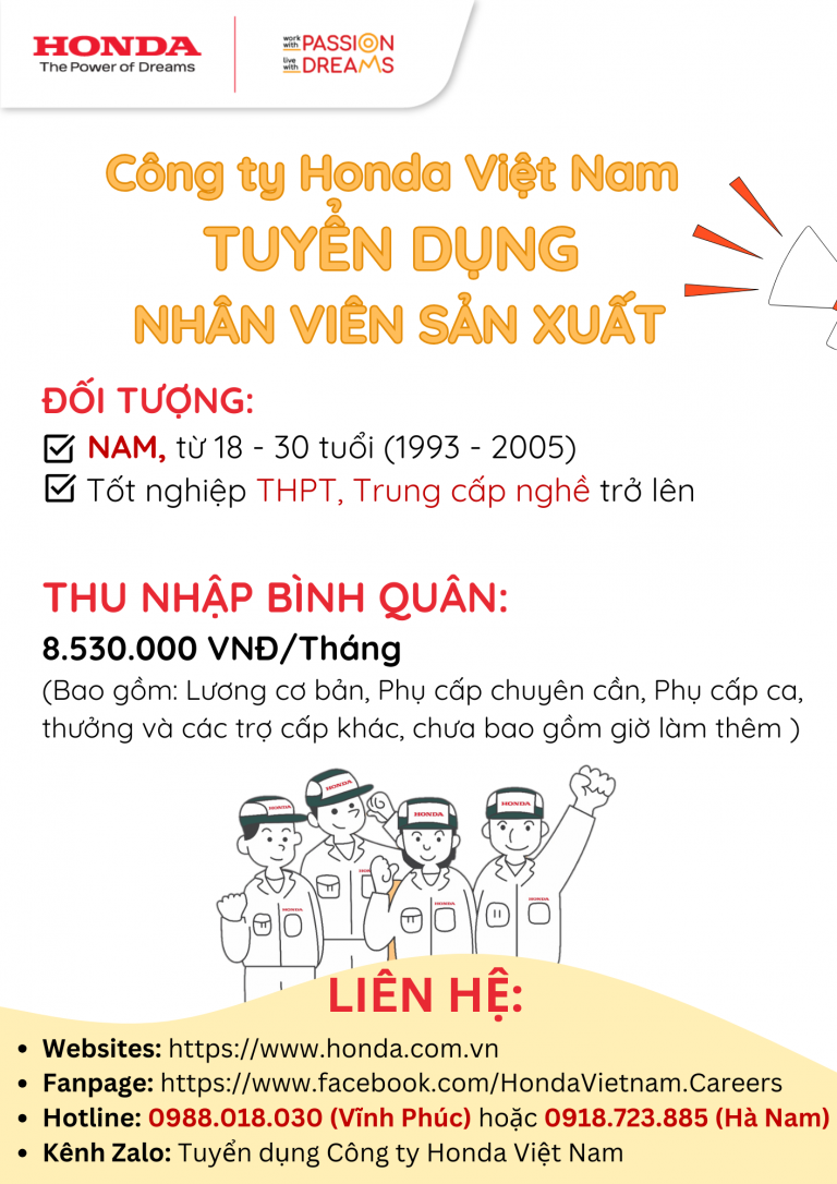 Honda Việt Nam tuyển dụng nhân viên sản xuất