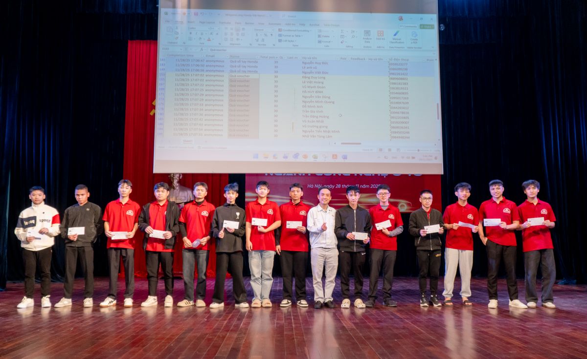 Đại diện công ty Honda Việt Nam trao phần quà cho sinh viên phát biểu tại talkshow