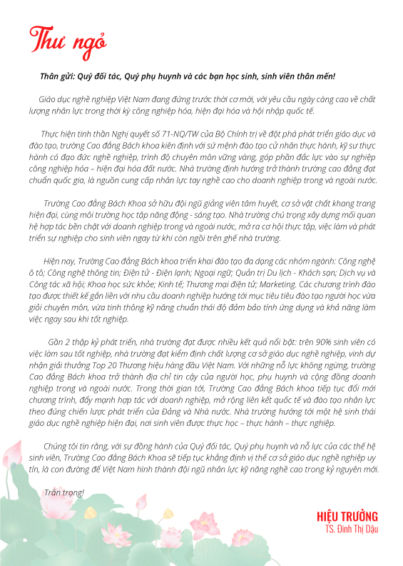 Thư ngỏ của Hiệu trưởng trường Cao đẳng Bách Khoa