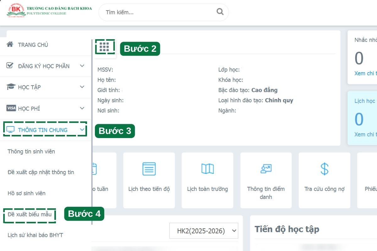 Hướng dẫn thao tác thực hiện các thủ tục hành chính, mẫu biểu và giấy tờ xác nhận - Bước 2,3,4
