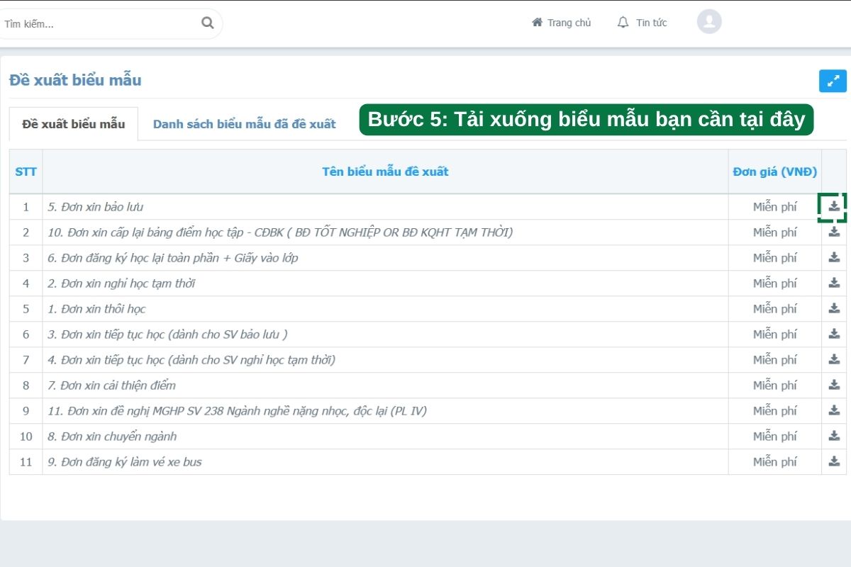 Hướng dẫn thao tác thực hiện các thủ tục hành chính, mẫu biểu và giấy tờ xác nhận - Bước 5